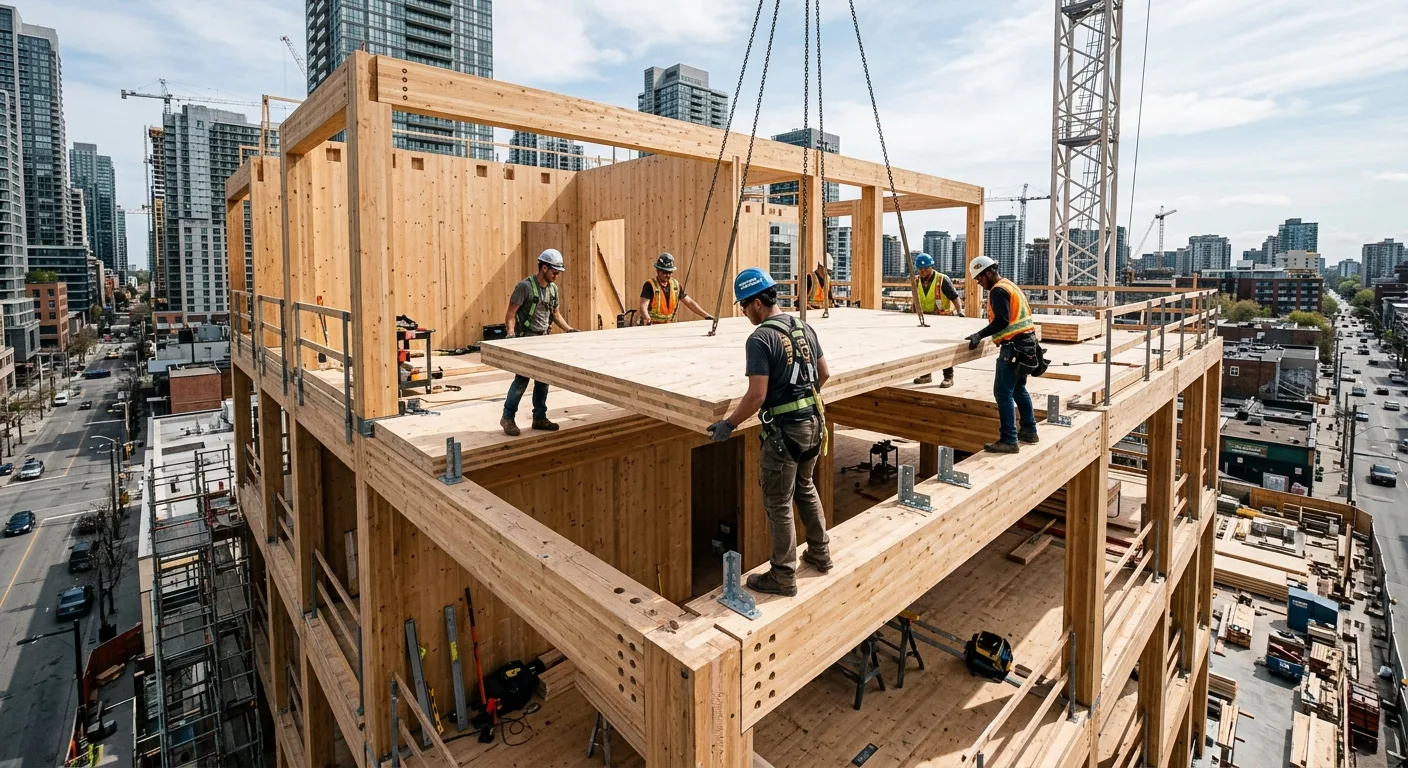 Workers assembling cross-laminated timber floor panels on a mid-rise building under construction