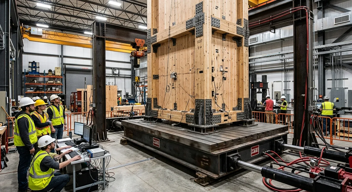 Large-scale timber rocking wall structure on a shake table in a seismic testing facility
