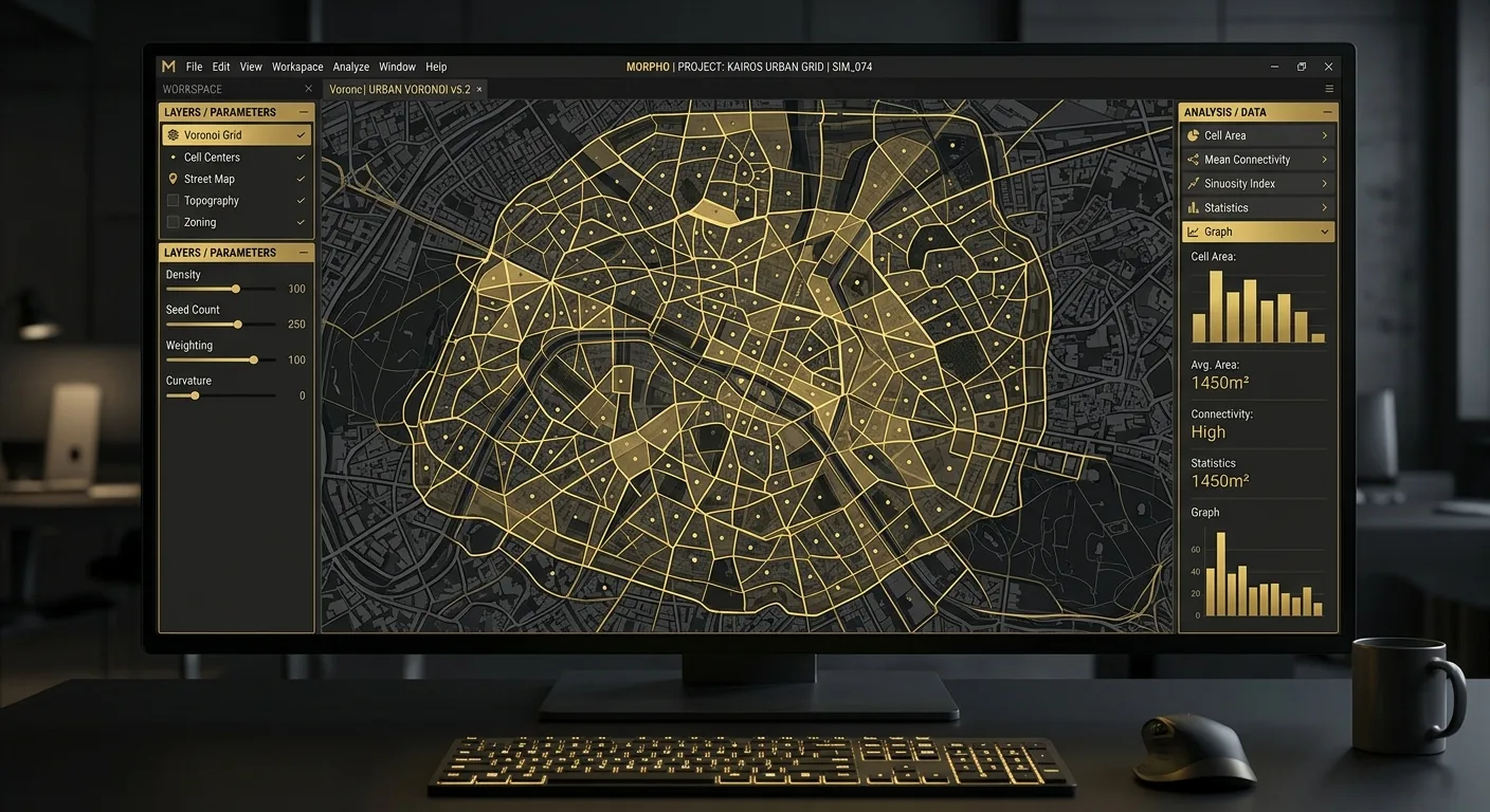 Computer visualization of Voronoi urban morphology diagram with parametric polygon grid overlay on city blocks